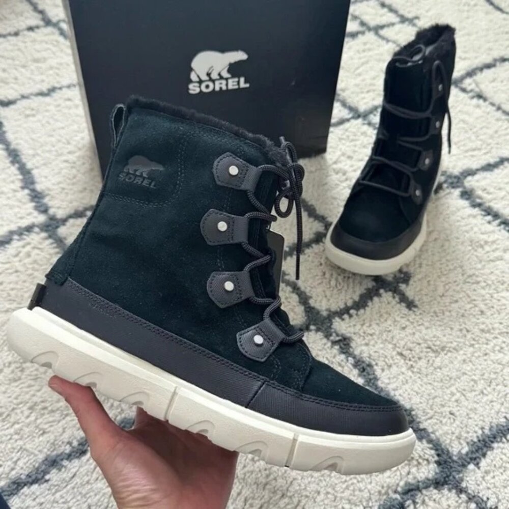 Sorel Explorer II Joan Waterproof Suede Black/Fawn Ankle Low Snow Boot NL4462